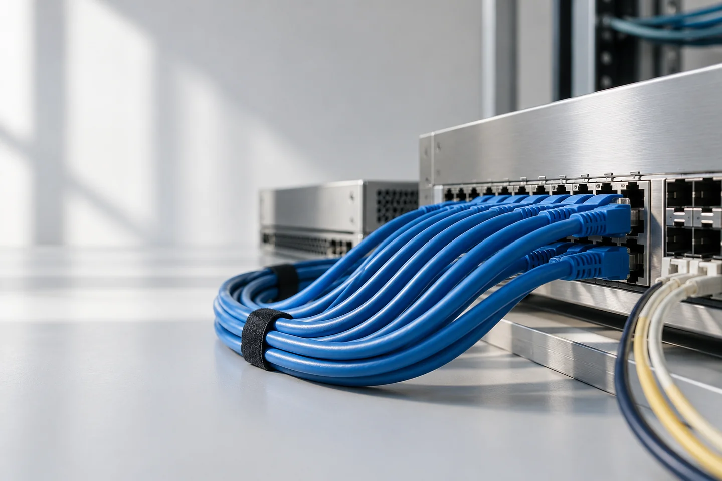 Illustration: geordnet geführte blaue Netzwerkkabel verbinden moderne IT-Hardware.