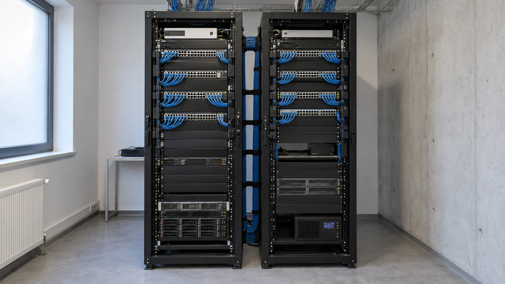Illustration: the same server room with organised patch cables and equipment.