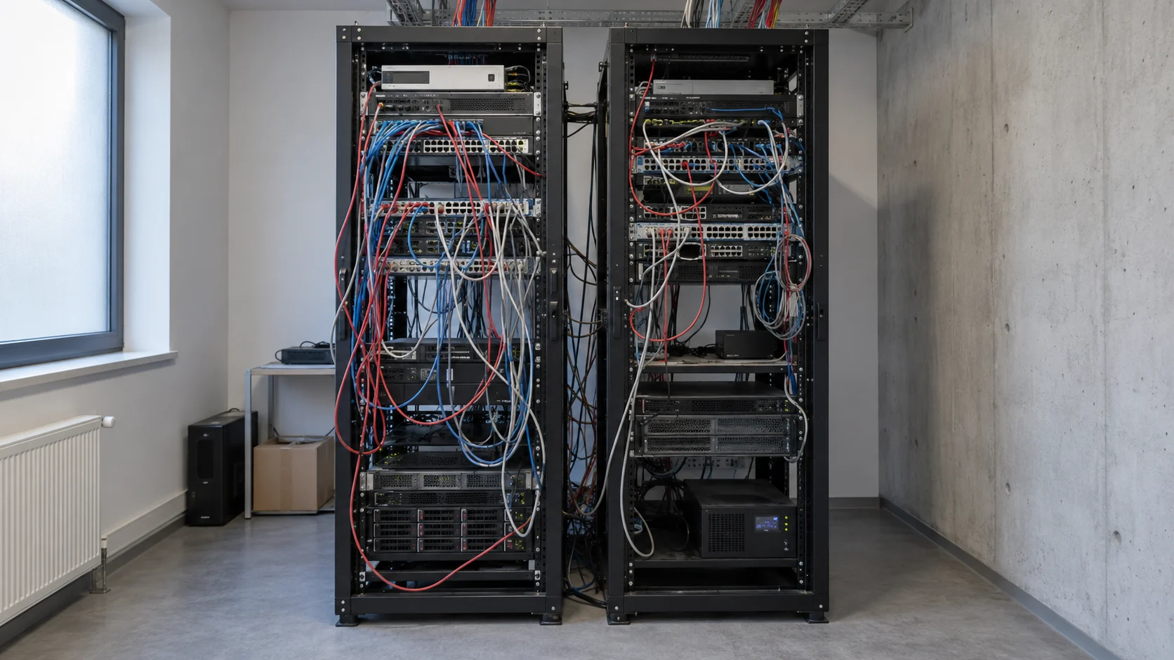Illustration: server room with disorganised cabling.